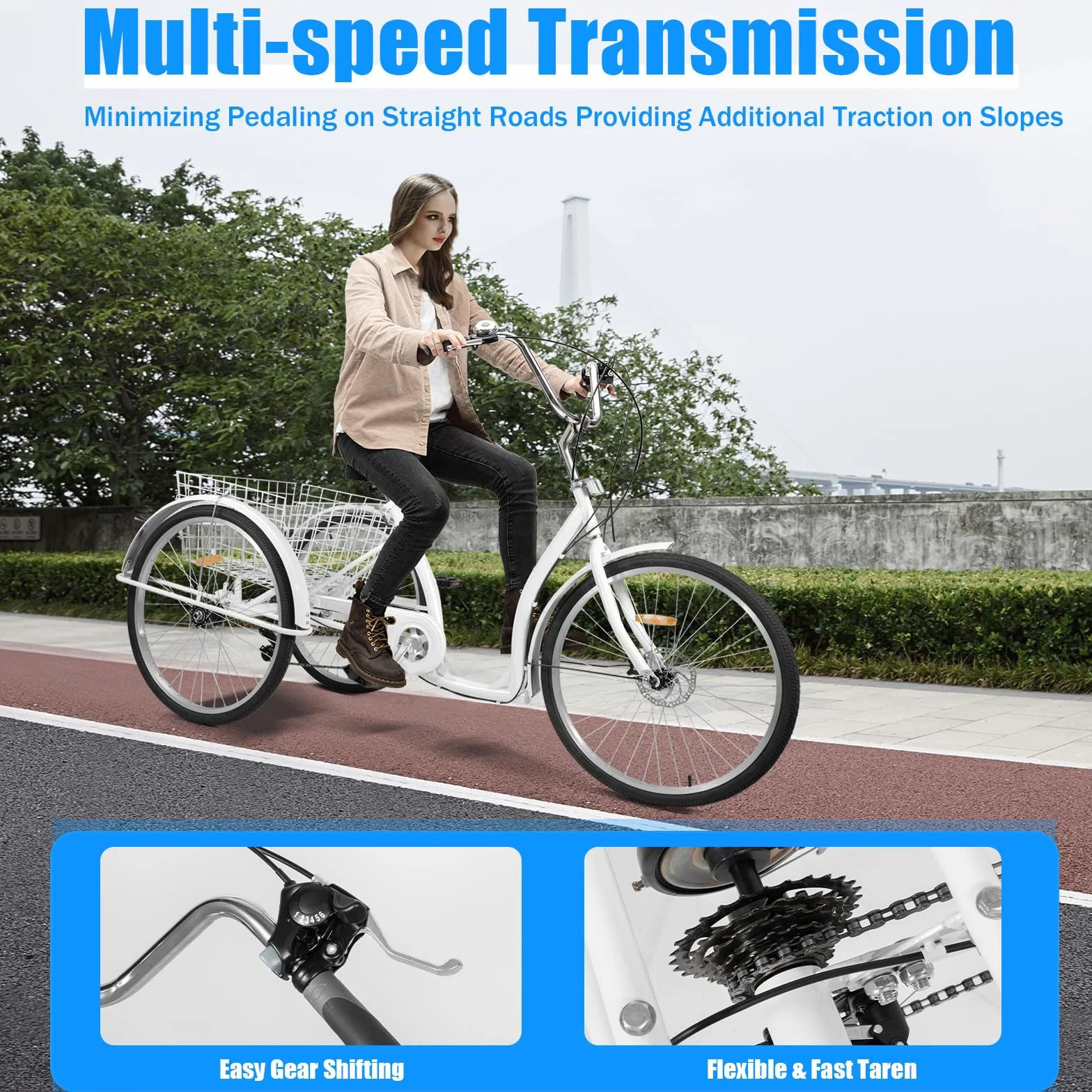 Triciclo adulto de 26 pulgadas, 6 velocidades, soporta 264,55 lbs ajustable para personas mayores, bicicleta de crucero, bicicleta de compras, adecuada para personas mayores para conducir