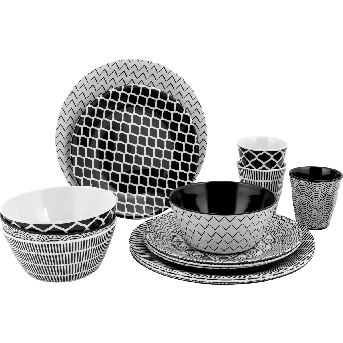 Bo-Camp - Vajilla - Mix & Match - 16 Piezas - Negro/Blanco