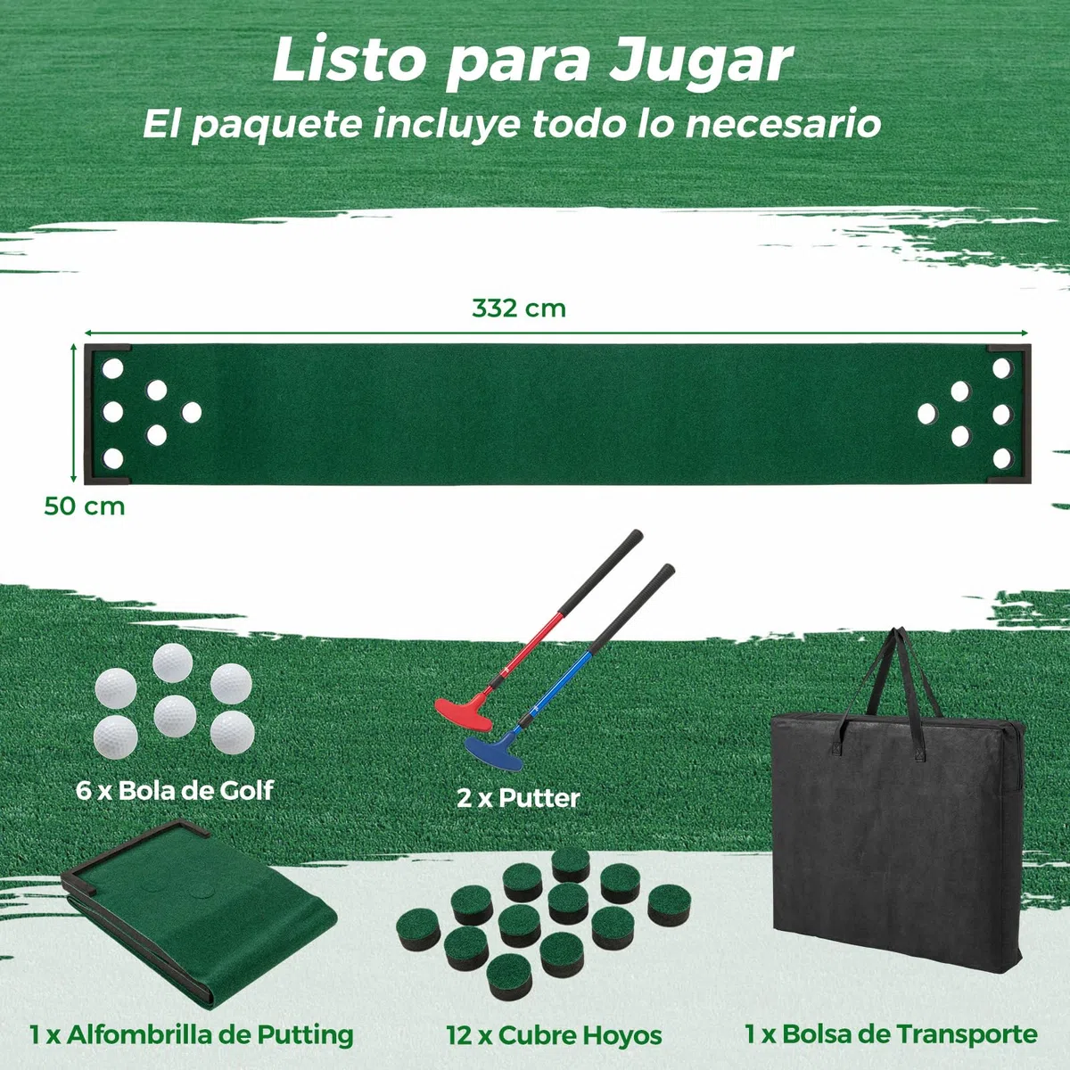 GOPLUS Alfombra de Putting, Set de Golf Pong con Putters Ajustables, Pelotas, Tapas para Hoyos para Interior y Exterior, Equipo de Entrenamiento para Casa y Oficina