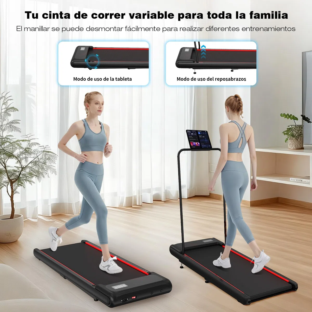 Cinta de Correr, Cinta de Correr con Barandilla Desmontable, Walking Pad 3 Niveles Inclinación, Soporte Tableta, Motor Silencioso