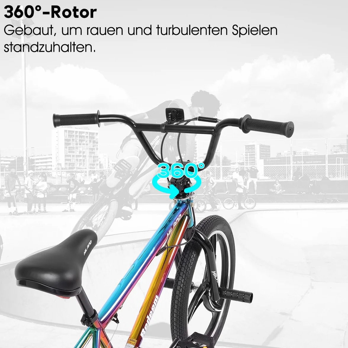 Hiland Bicicleta BMX Infantil de 20 Pulgadas,3 radios,para niños y niñas a Partir de 7 años,Rotor de 360 Grados,Estilo Libre,4 Clavijas de Velocidad única para niños BMX,Colorido