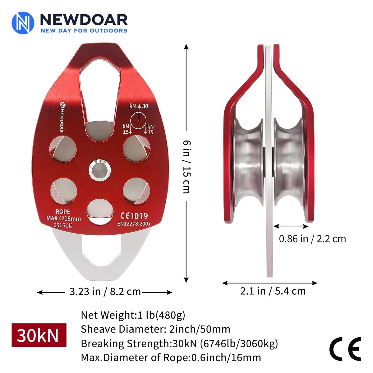 NewDoar Polea de rescate grande con certificado CE de 30 KN, doble polea con placa oscilante para alpinismo al aire libre, rescate de escalada en roca (rojo, 1 unidad)