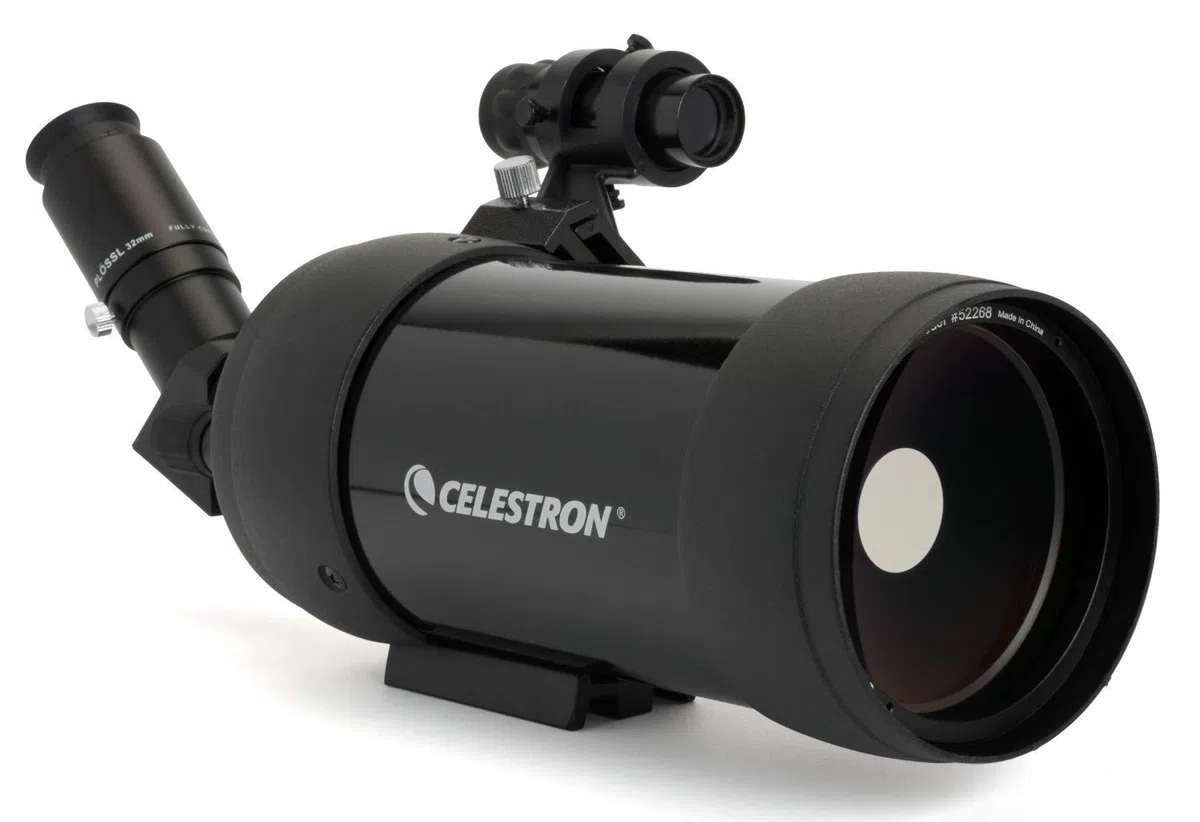 Celestron 52268 Mak: catalejo de 90mm en ángulo – Catalejo Maksutov – Excelente para largas distancias – Aumento de 39x con ocular de 32mm – Óptica con revestimiento múltiple – Recubierto de goma