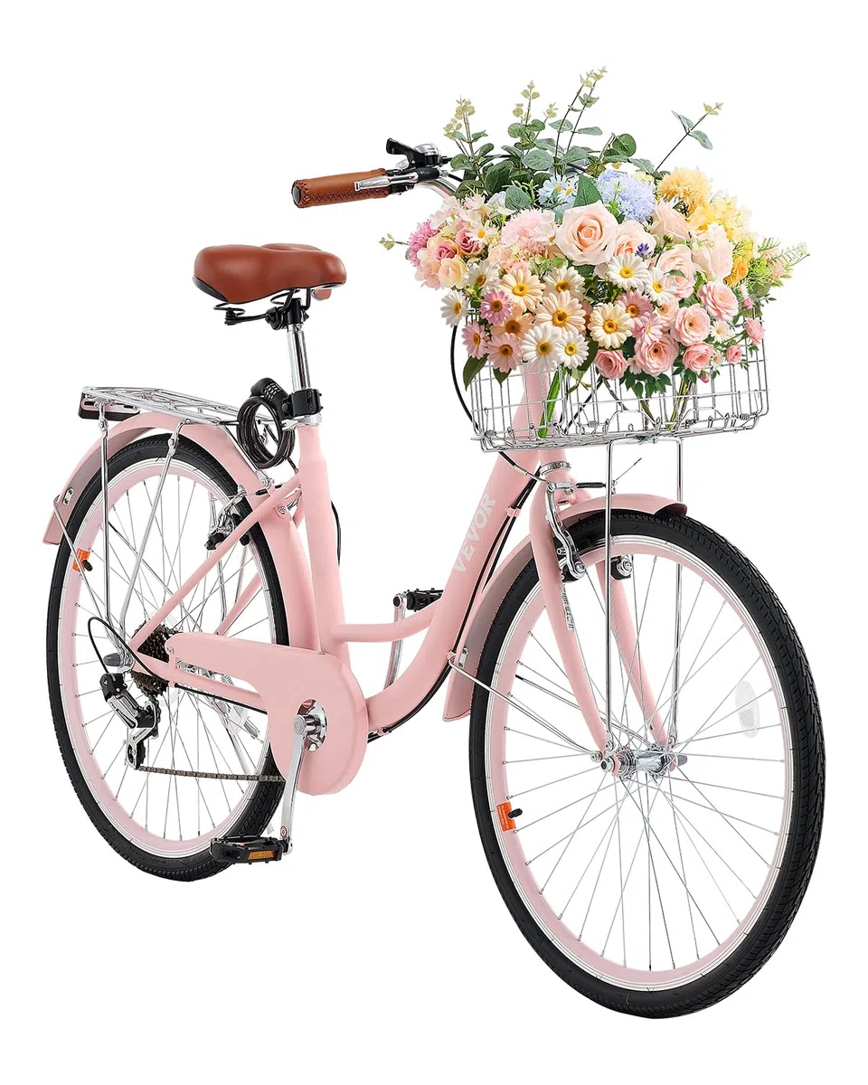 VEVOR Cruiser - Bicicleta de playa con 7 velocidades (diámetro del neumático 660,4 mm) con cesta grande y portaequipajes, bicicleta cruiser con asiento ajustable, para ciclismo, entrenamiento y