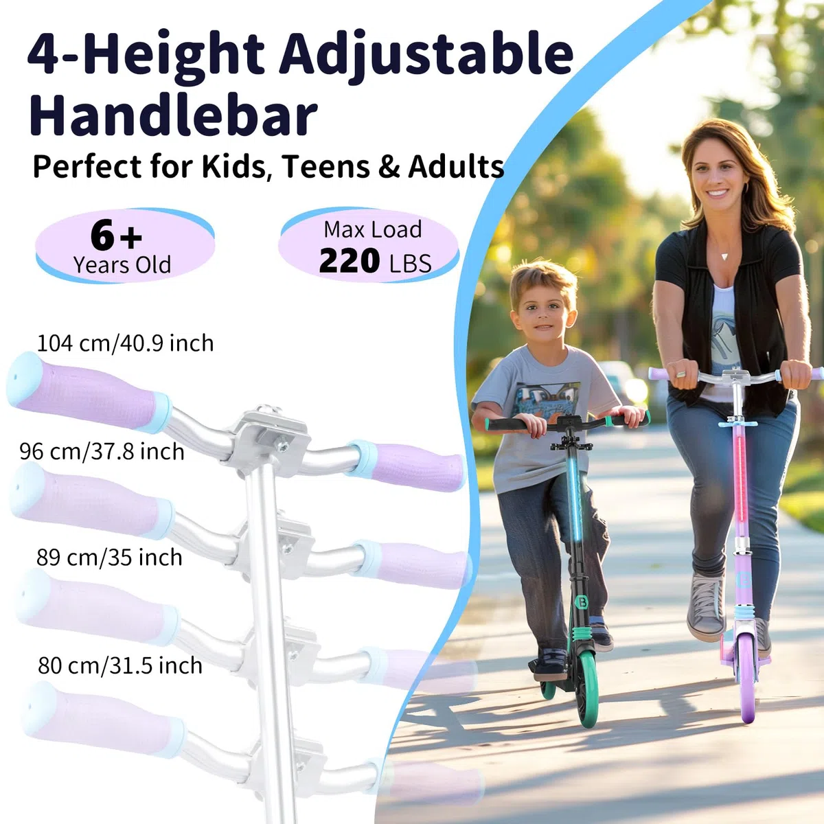 BELEEV V8 Patinete de 2 Ruedas, Plegable Patinete con LED Luces Stem, Deck, Altura Ajustable, Big Wheel 200mm Scooter Adult con Correa de Transporte, Marco Resistente para 6+ Niño Niña Adulto