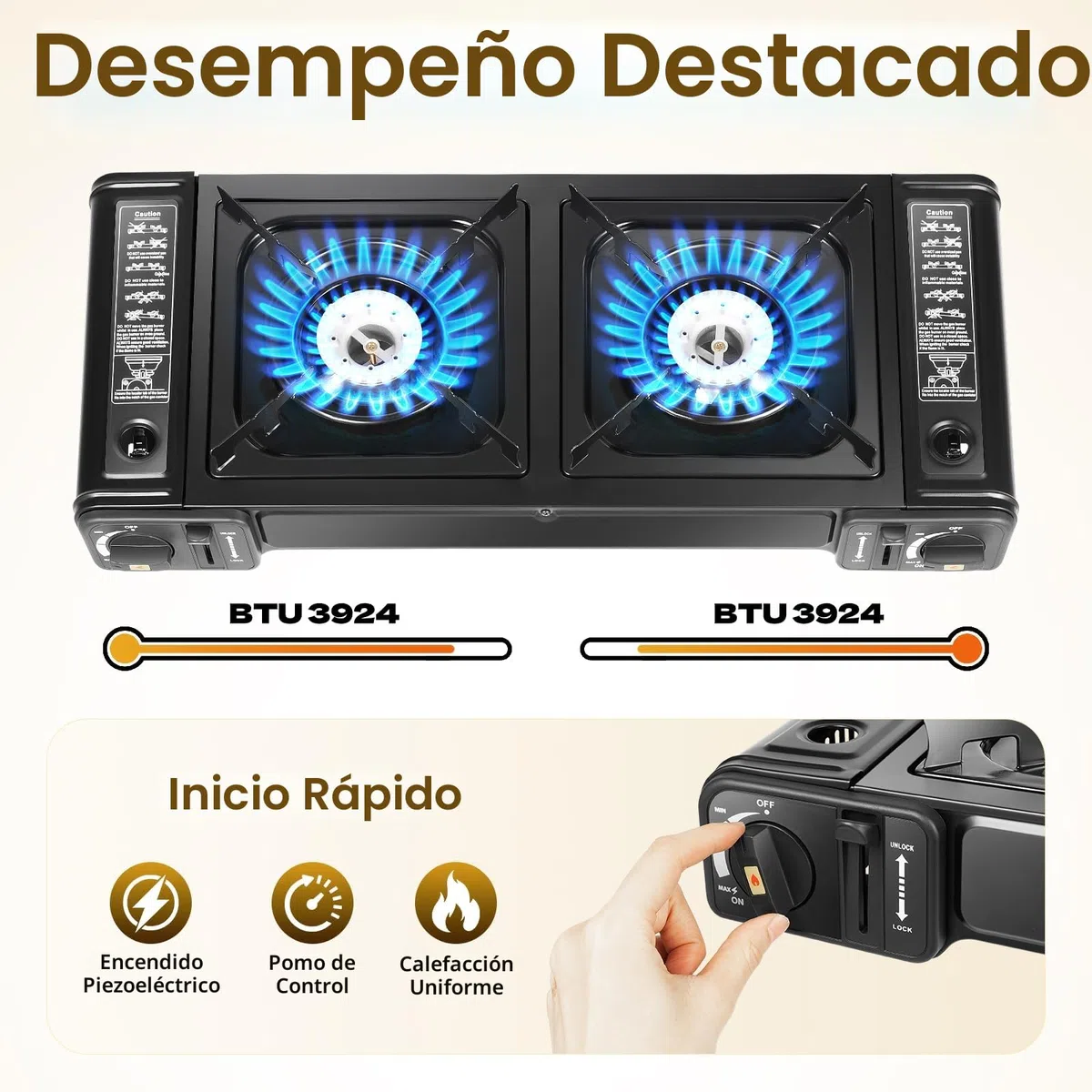 Cocina de Gas Portátil 2 en 1, LENDISIY Hornillo Camping Gas con 2 Quemadores y Placa de Parrilla, Hornillo de Gás Portátil, Barbacoa Portátil para Camping, Exterior, Interior y Jardín, Set con Maleta