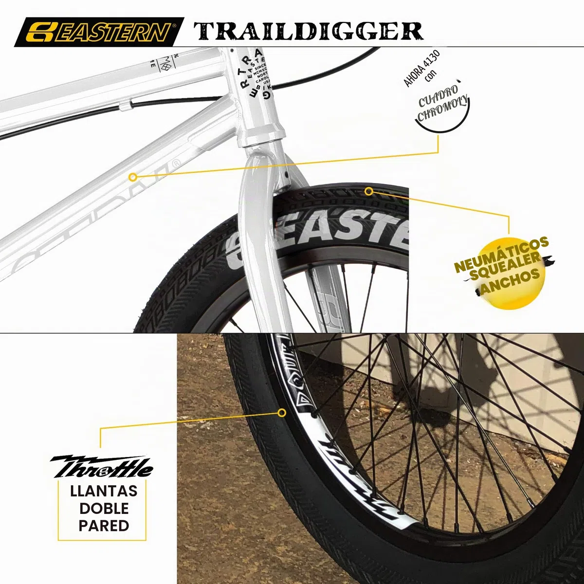 Eastern Traildigger - Bicicleta BMX Pro de 20 pulgadas, marco cromado ligero, llantas de doble pared, asiento giratorio, bielas cromadas, ideal para montar en la calle y el parque