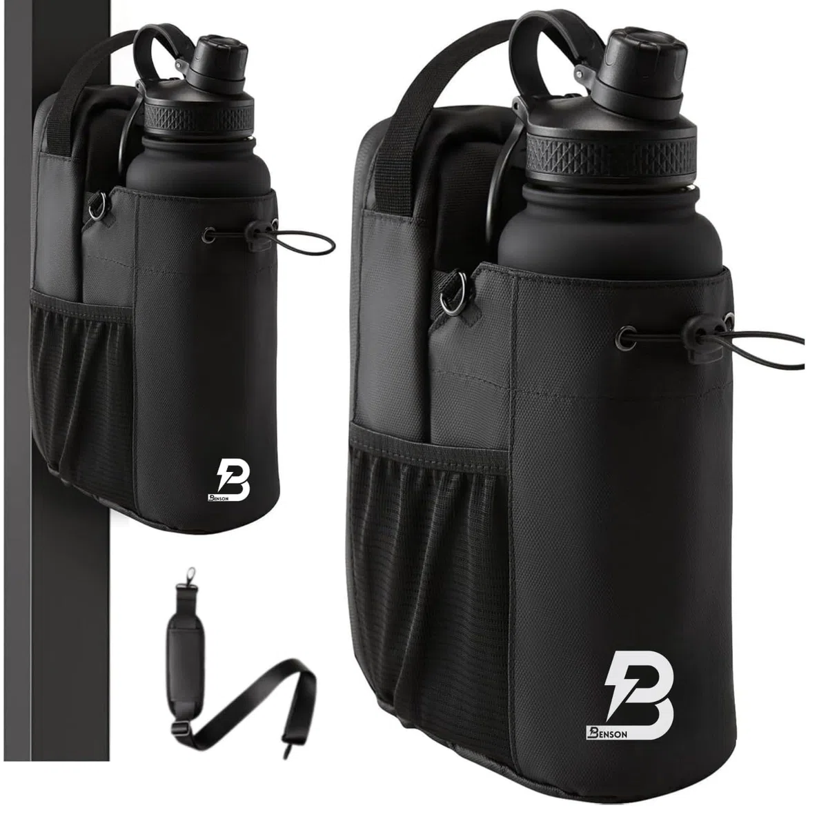 Benson - Bolsa de fitness magnética con fuerte fijación magnética, soporte para botella de 1200 ml, compartimento para teléfono móvil y mosquetón, para hombre y mujer, ideal para deportes, uso diario
