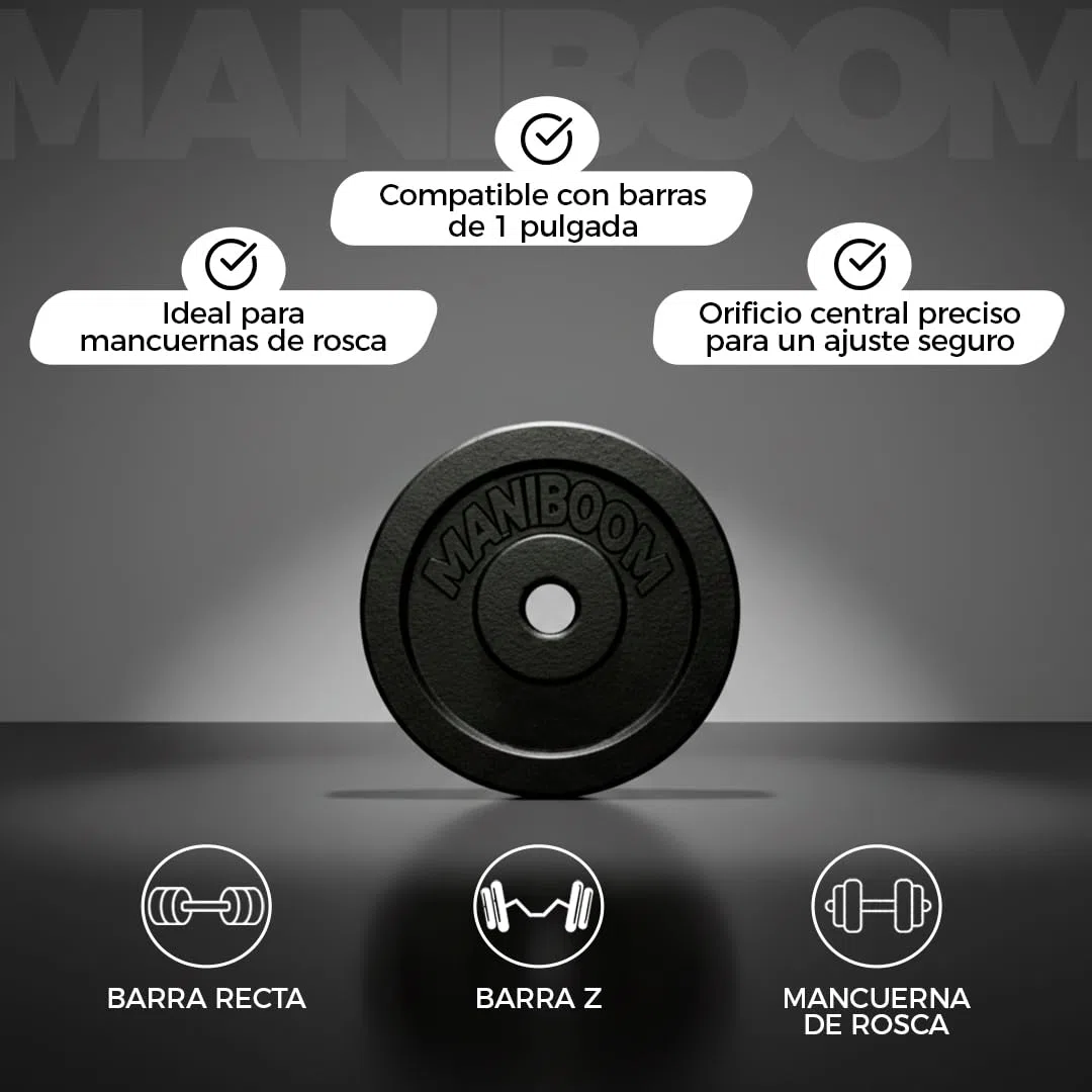 ManiBoom Discos de Pesas de Hierro Fundido (25mm) y Accesorios de Musculación – Sets de Placas y Barras para Gimnasio en Casa (Se Venden por Separado)