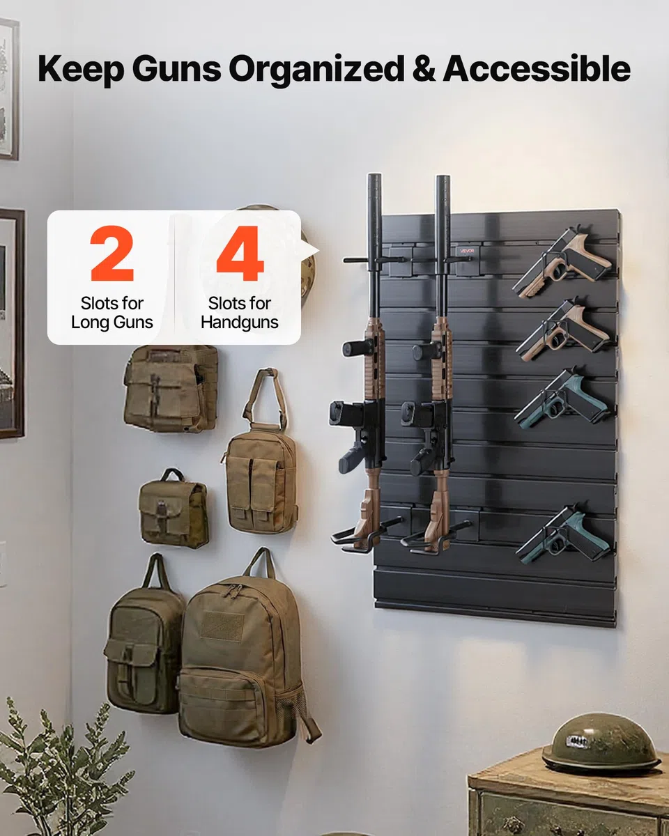 VEVOR Estante de Pared para Armas de Fuego, Soporte de Montaje en Pared, Capacidad de 2 Escopetas y 4 Pistolas, Organizador de Accesorios con Ganchos Adicionales, Acero al Carbono, para Taller Garaja