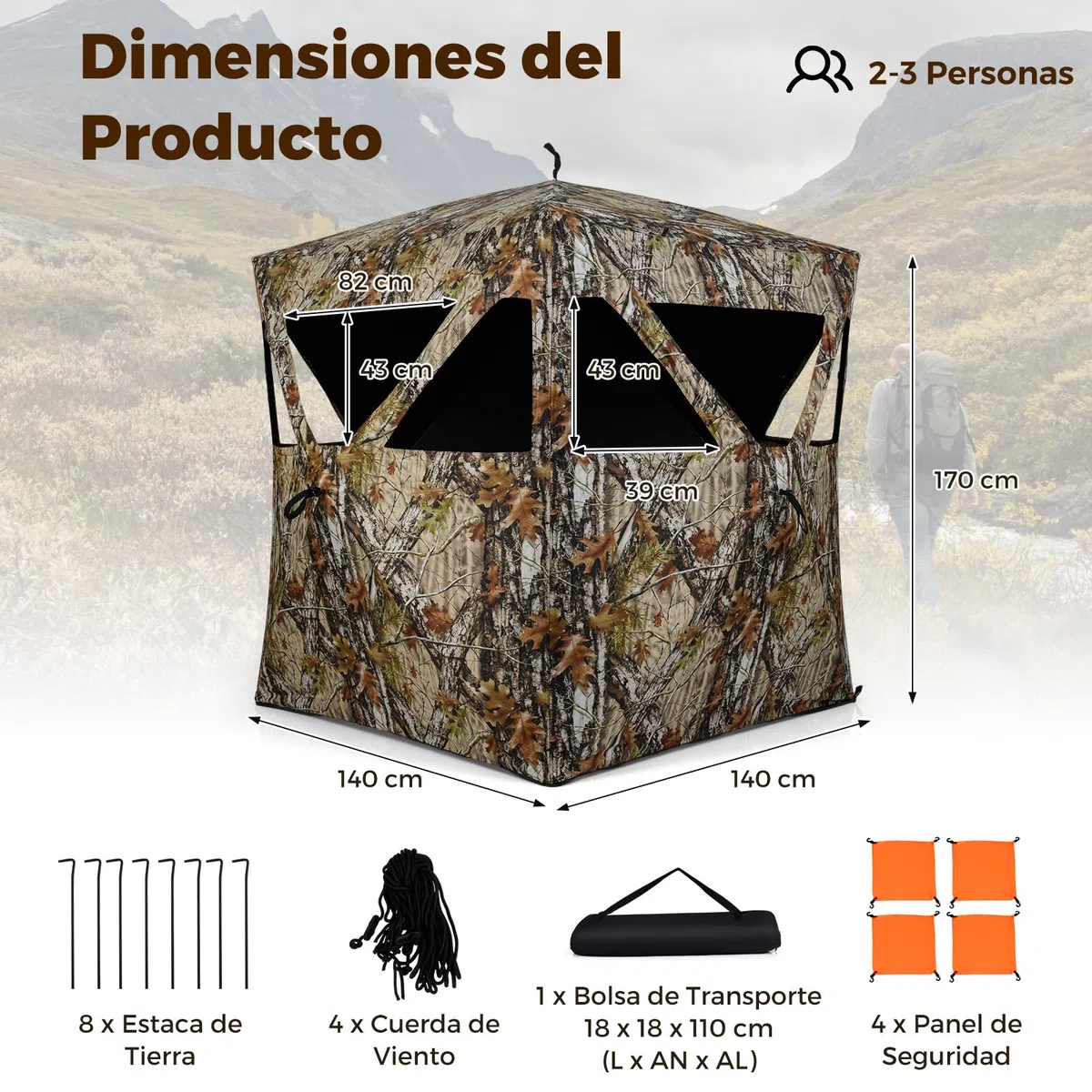 GYMAX Tienda de Caza Portátil para 2 Personas, Puesto de Caza Camuflada con Ventanas Silenciosas, Paneles de Seguridad Naranjas, Bolsa de Transporte, Refugio Oculto Emergente para Ciervos y Pavos