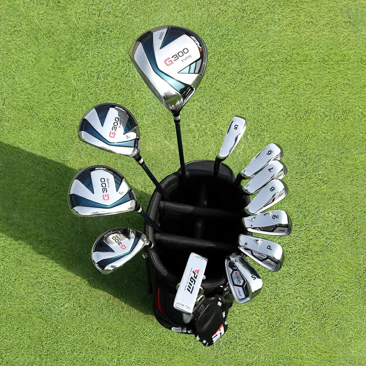 PGM Juego completo de palos de golf para hombre G300 - Driver #1 de titanio, híbrido con sesgo de tiro, juego de hierros de alta resistencia, putter de alto perdón, con bolsa de soporte (para zurdos