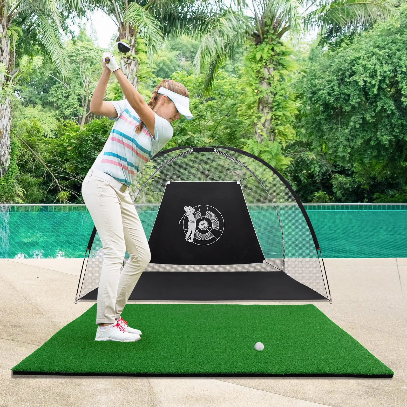 COSTWAY Tapete de Golf 1,5 x 1 m, Alfombrilla con Césped Sintético 12mm y 2 Posiciones para tee, 3 Camisetas de Goma, Alfombra de Práctica de Golf Uso Interno y Externo