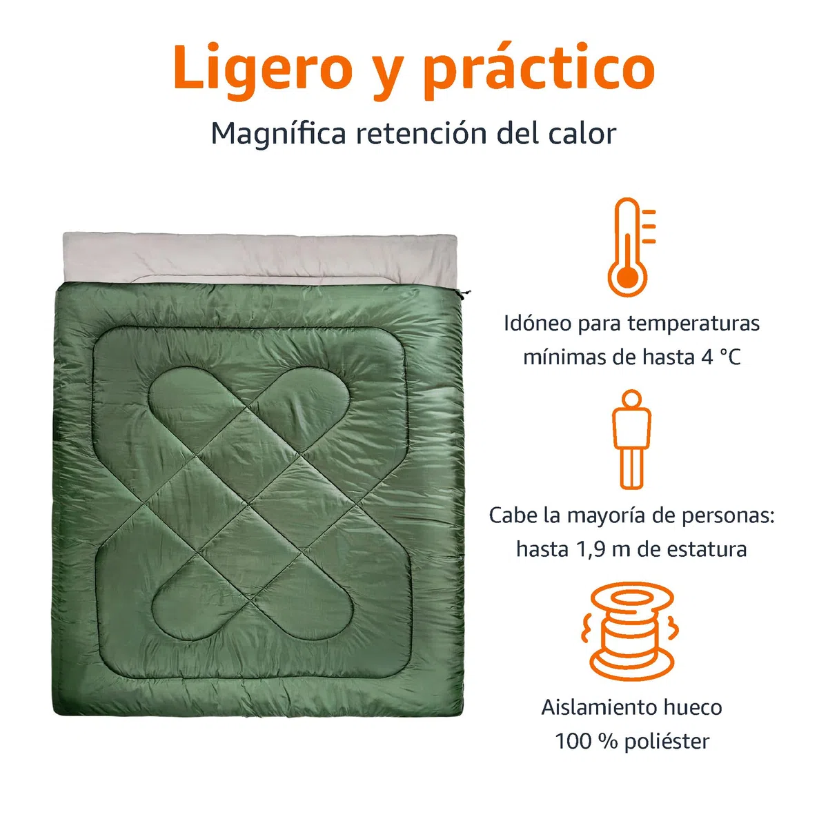 Amazon Basics Rectangular Saco de Dormir para días fríos, Camping y Senderismo, 2 Personas, Queen, Doble Size, Verde Oliva