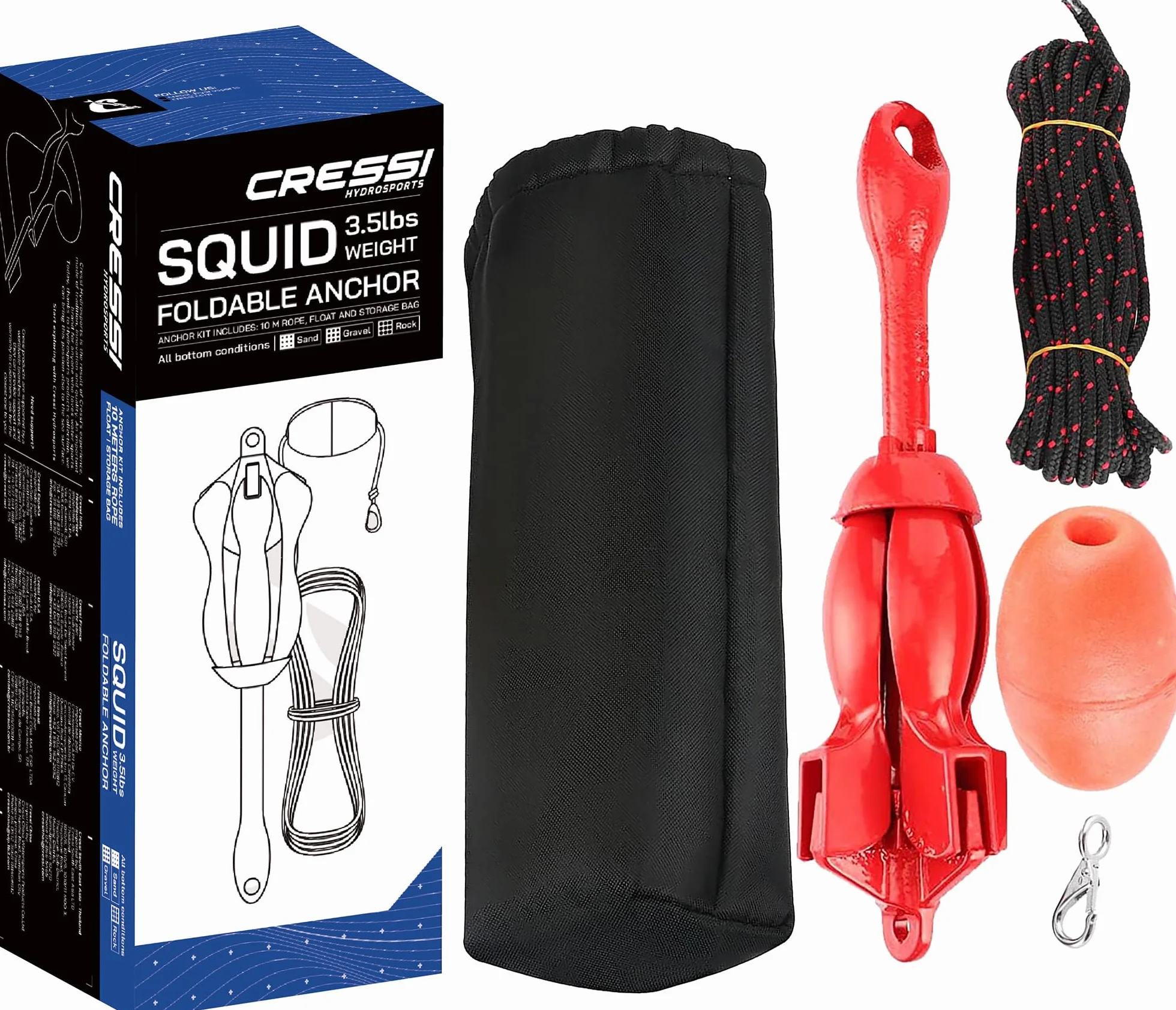 Cressi Squid Foldable Anchor Set Ancla para Sup y Kayak de Acero de Carbono de 1,6 kg, Unisex Adulto, Rojo, 1500 gr