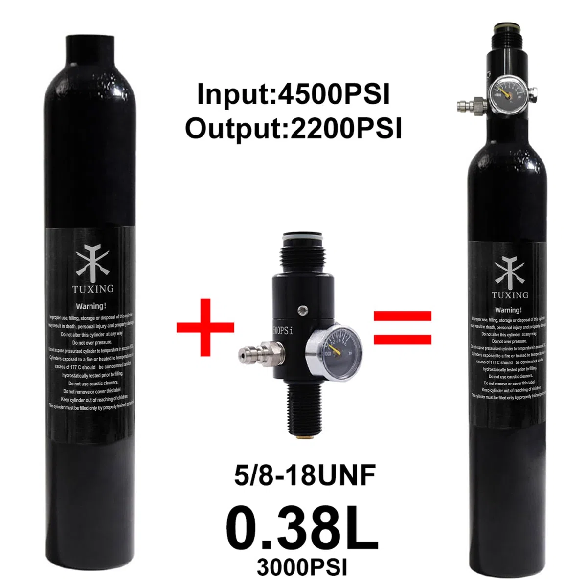 TUXING 4500Psi/300Bar PCP Paintball Tanque 0.38L 4500psi CE Aprobado Cilindro de Aluminio con Paintball Regulador Válvula Regulador Manómetro Presión de Salida:2200psi-5/8-18UNF