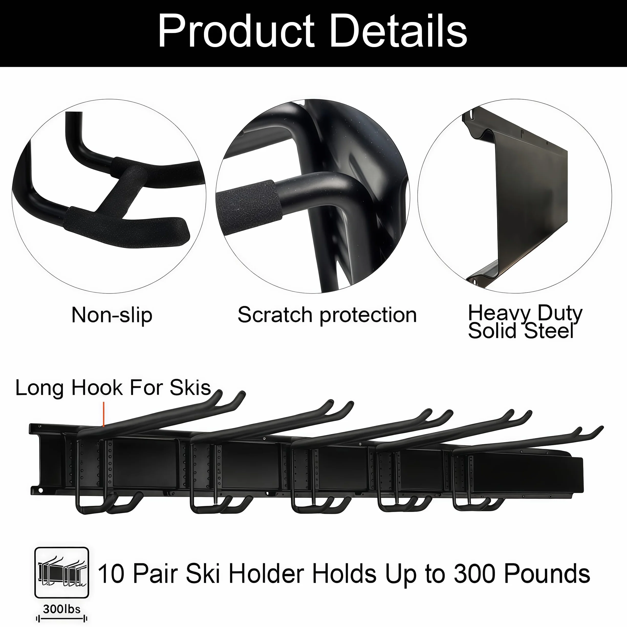 Estante de almacenamiento de pared para esquís, soporte de esquí, capacidad para 10 pares, soporte de pared para monopatín, soporte de esquís de acero para el hogar y el garaje