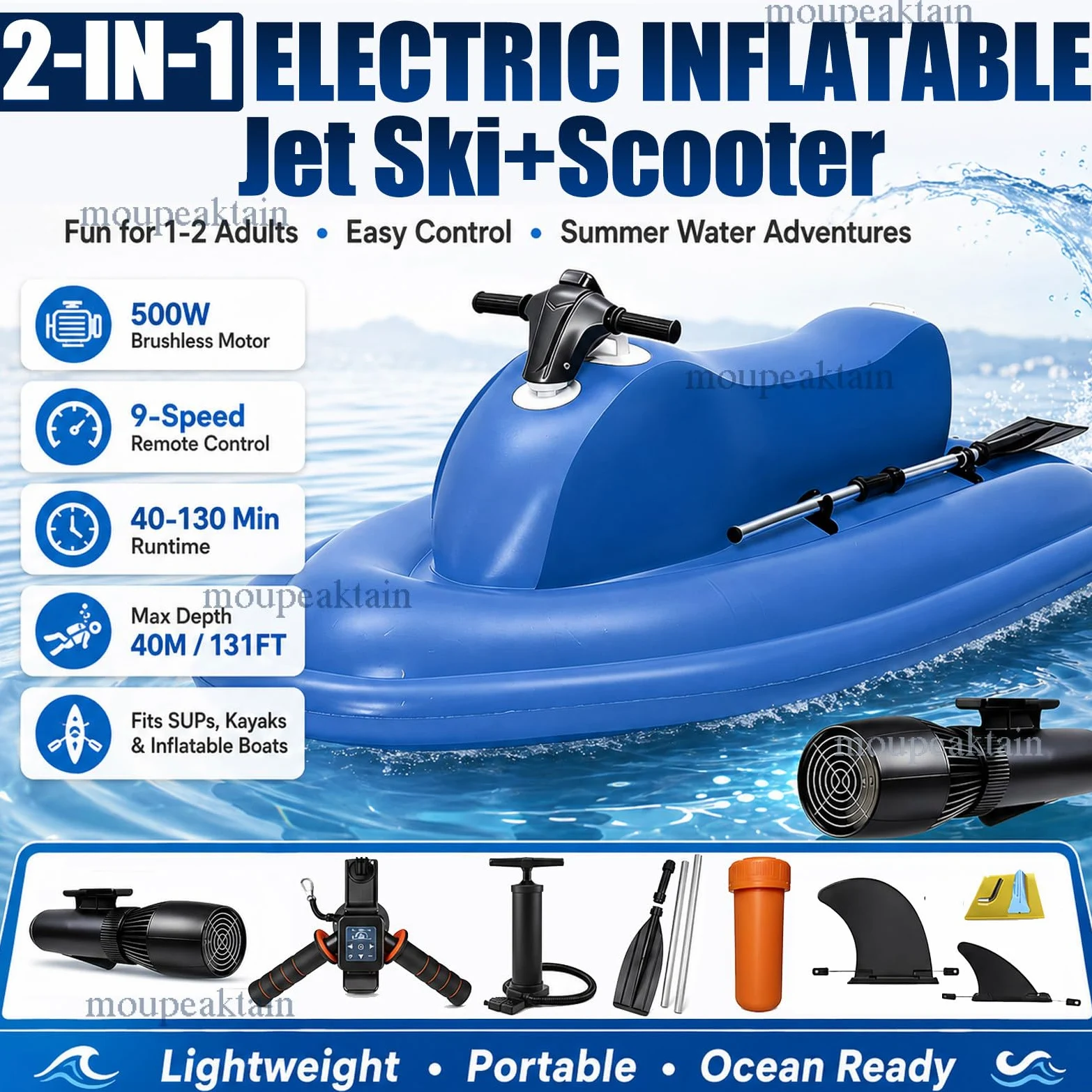 Barco Jet Eléctrico Hinchable para 2 Personas con Scooter Subacuático 500W/700W, Velocidad 3–9 km/h, Autonomía 130 min, Profundidad 40 m – para Buceo, Pesca y Aventuras en la Costa 16A