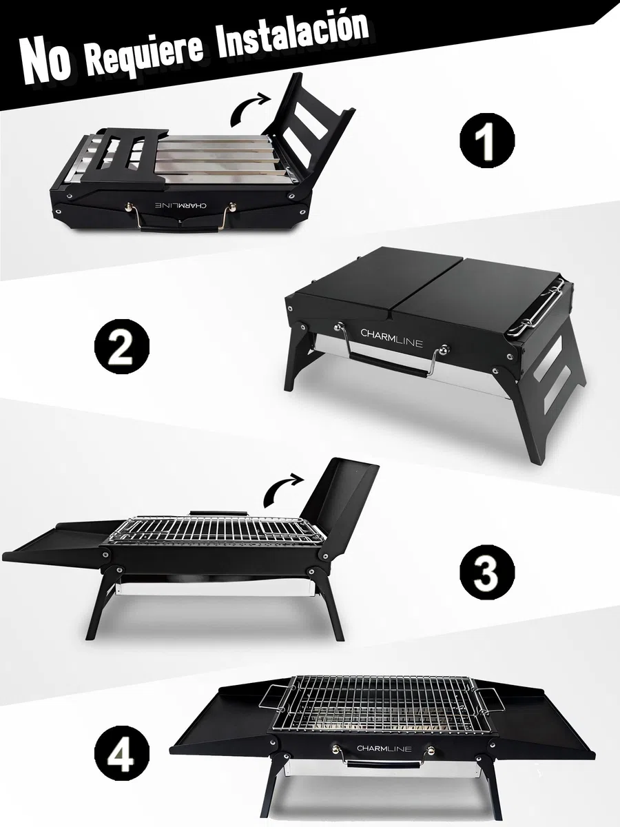 Charmline 39 * 27 cm Barbacoa de Carbón para Camping, Picnic, Jardín y Playa, Pequeña Barbacoa de Carbón Portátil Plegable para 2-4 Personas, BBQ Portátil para Uso en Exteriores, Negro