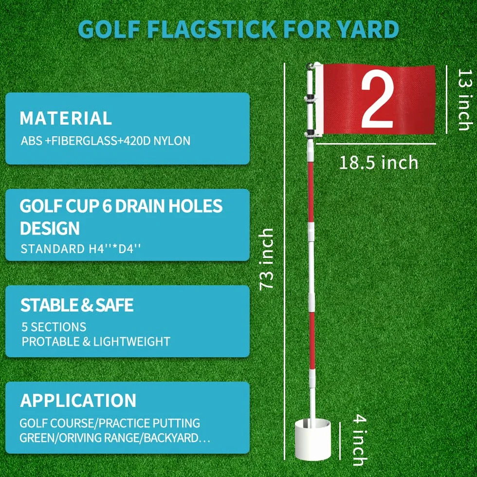 THIODOON Bandera de golf de 6 pies, taza y bandera desmontables para hoyos de golf para campo de prácticas, fibra de vidrio antioxidante, con conectores (juego de asta de bandera, paquete de 2)