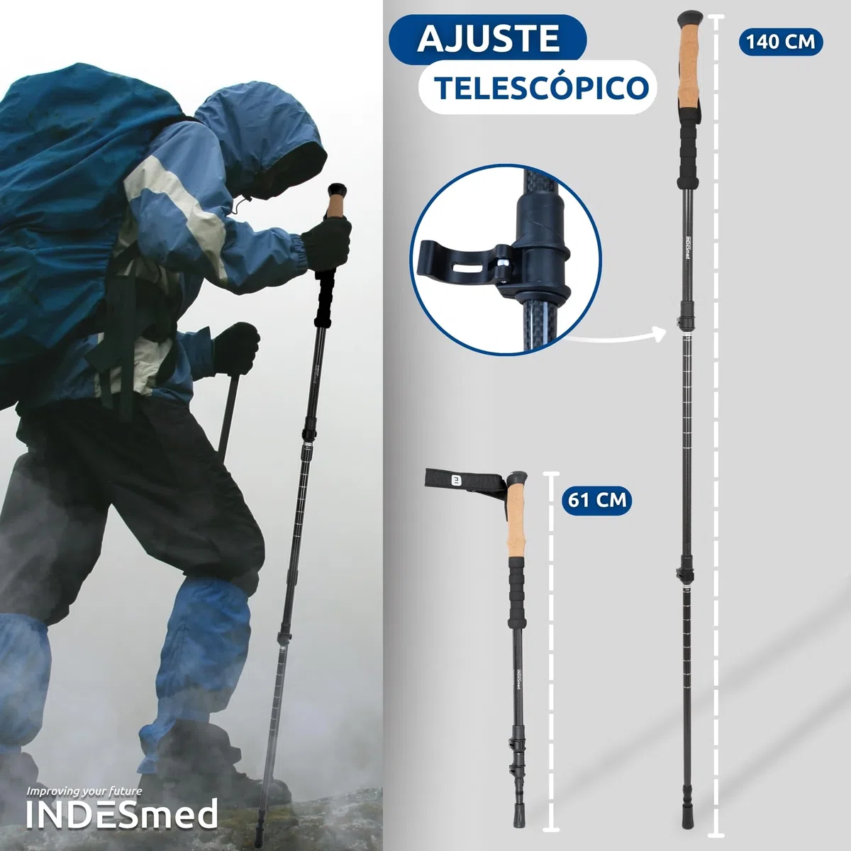 INDESmed | Bastones de Trekking 100% Fibra de Carbono – Ultraligeros, Telescópicos y Ajustables con Cierre Metálico Rápido | Bastones de Senderismo para Montaña, Trail Running y Nordic Walking