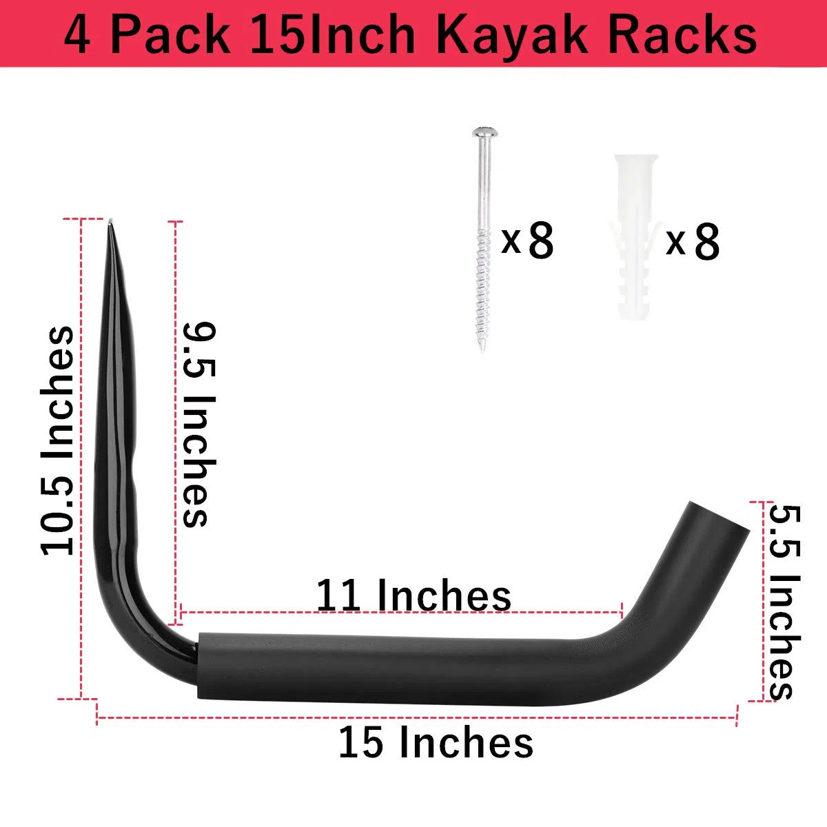 Estante de almacenamiento de acero para kayak, paquete de 4 ganchos de montaje en pared para canoa, colgador de snowboard de 15 pulgadas, capacidad de 100 libras