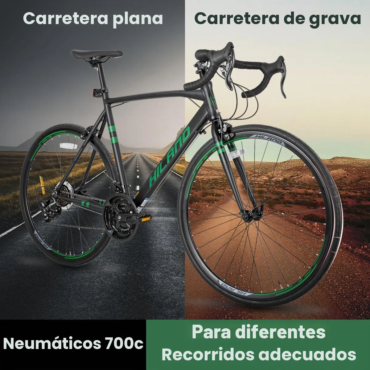 HILAND Daring Bicicleta de Carretera 28 Pulgadas, 14 Velocidades, Cuadro de Aluminio de 49/53/57 cm, 700C Bicicleta para Uso Diario para Hombre y Mujer, Frenos de Pinza, Negra/Roja/Verde