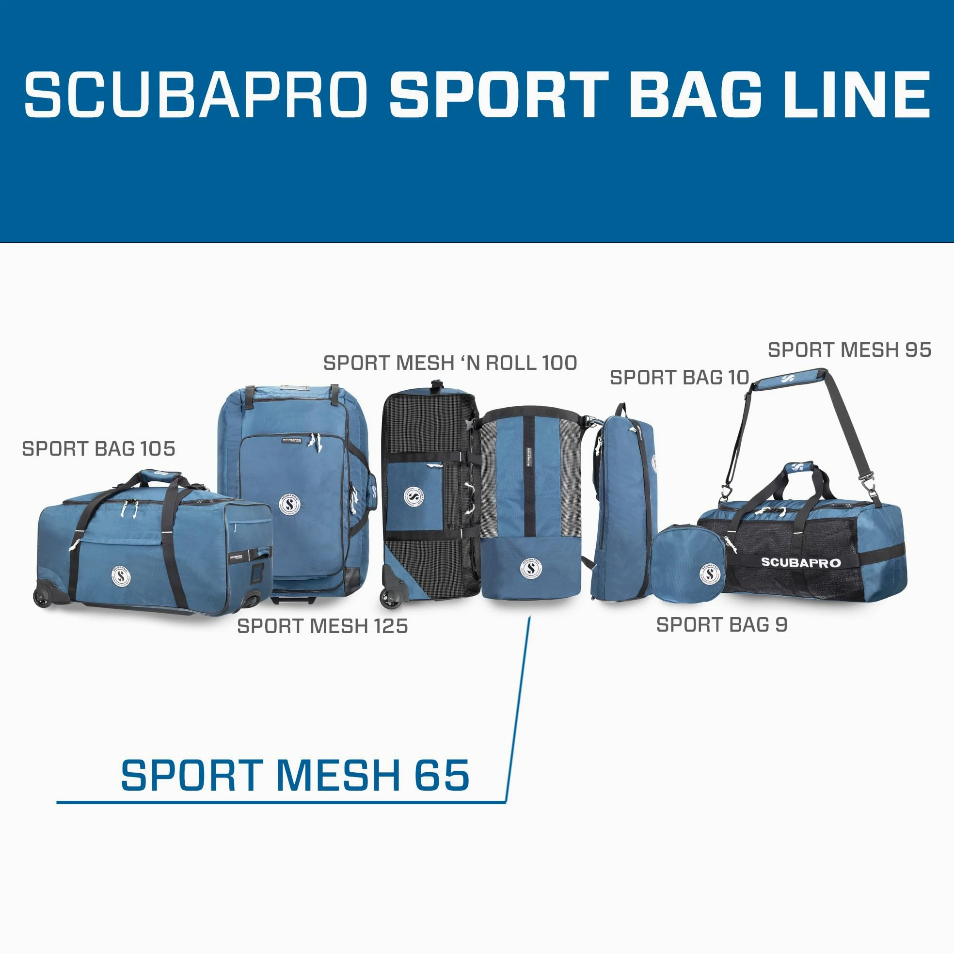 Scubapro Sport 65 Mesh Dive Bag with Roll Top Closure and Side Zipper for Snorkeling and Scuba Diving Gear, Denim Blue Color Fabric