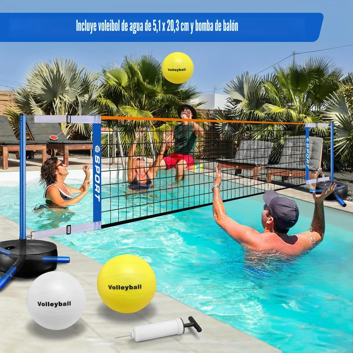 Red de Voleibol para Piscina, portátil, para Interior y Exterior, con 2 Pelotas de Agua y Base Resistente, Longitud Ajustable de 15 a 25 pies