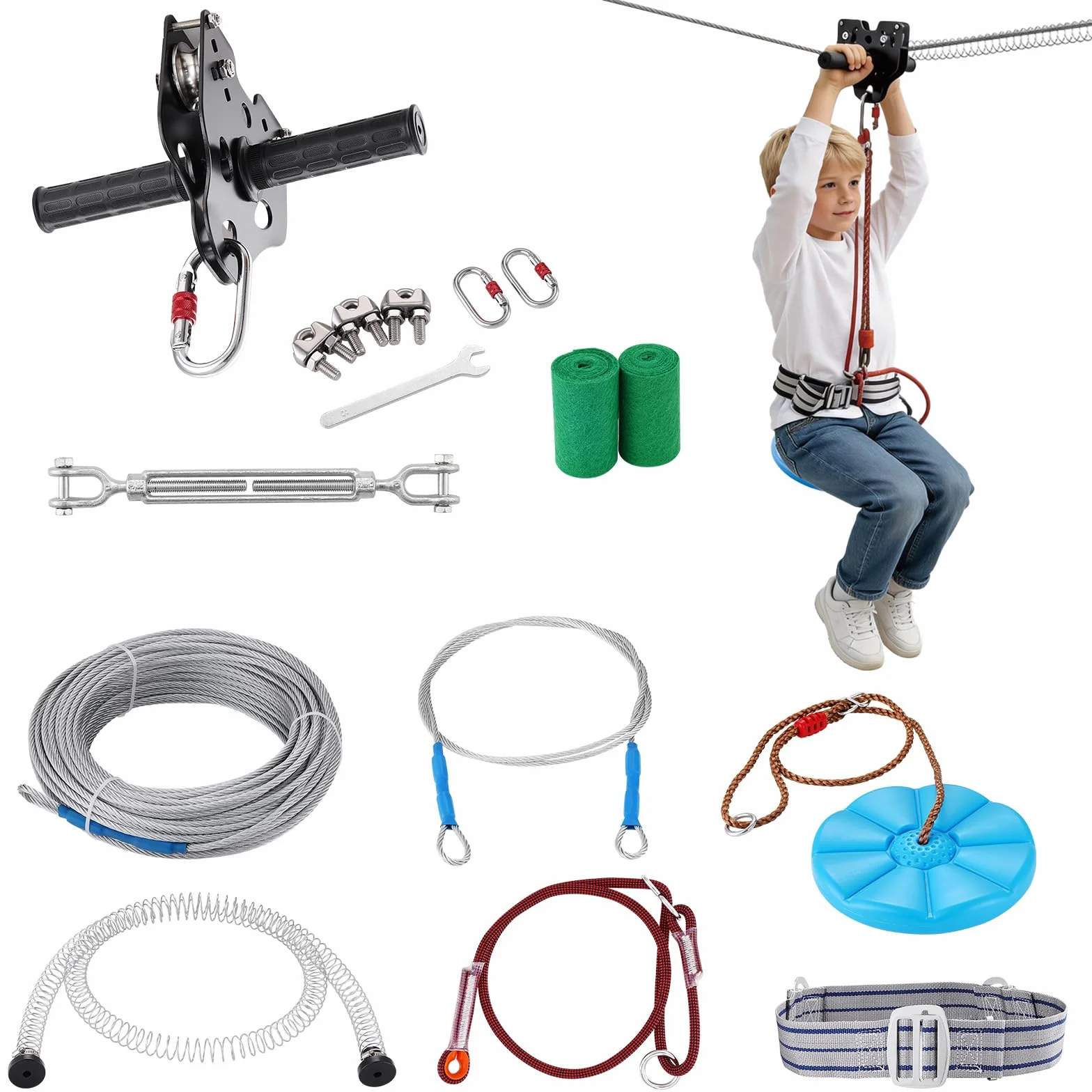 VEVOR Zipline - Tirolesa para niños, 24,38 m, Kit de línea con Cremallera para niños y Adultos de hasta 226,8 kg, Kit de línea con Cremallera Trasera con Sistema de Freno de Muelle Mejorado,