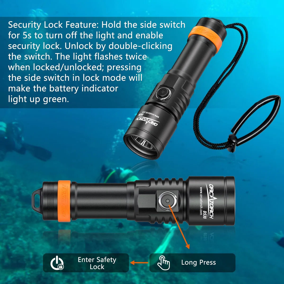 ORCATORCH D530 Luz de buceo, 1500 lúmenes, ángulo de haz estrecho de 7 grados, interruptor de botón lateral, dos modos de iluminación para buceo bajo el agua 150 metros
