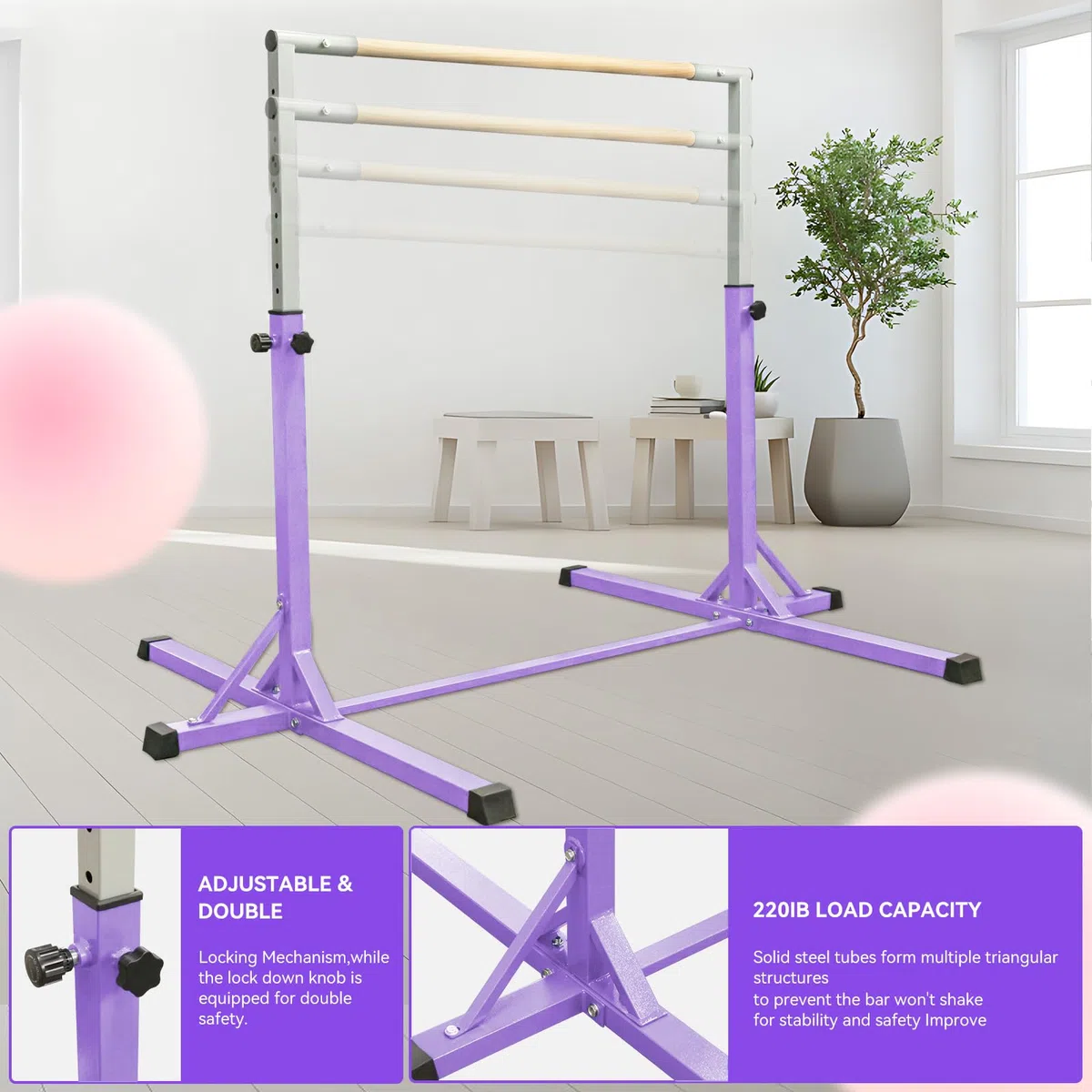 FBSPORT Barra de Gimnasia para Niños Barra Horizontal de Gimnasia con 13 Altura Ajustable de Barra de Entrenamiento con Anillos de Gimnasia Barra de Entrenamiento de Gimnasia expandible Junior Morado