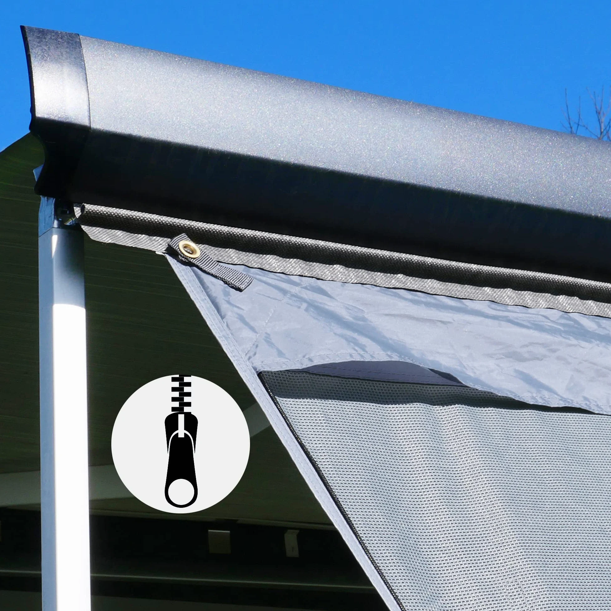 your GEAR Sun & Rain Blocker – Toldo delantero o paredes laterales para toldo, varios tamaños, protección UPF 50+, columna de agua de 5000 mm, 3 refuerzos con diámetro de 4,3, 6,2 y 7 mm, anchuras de