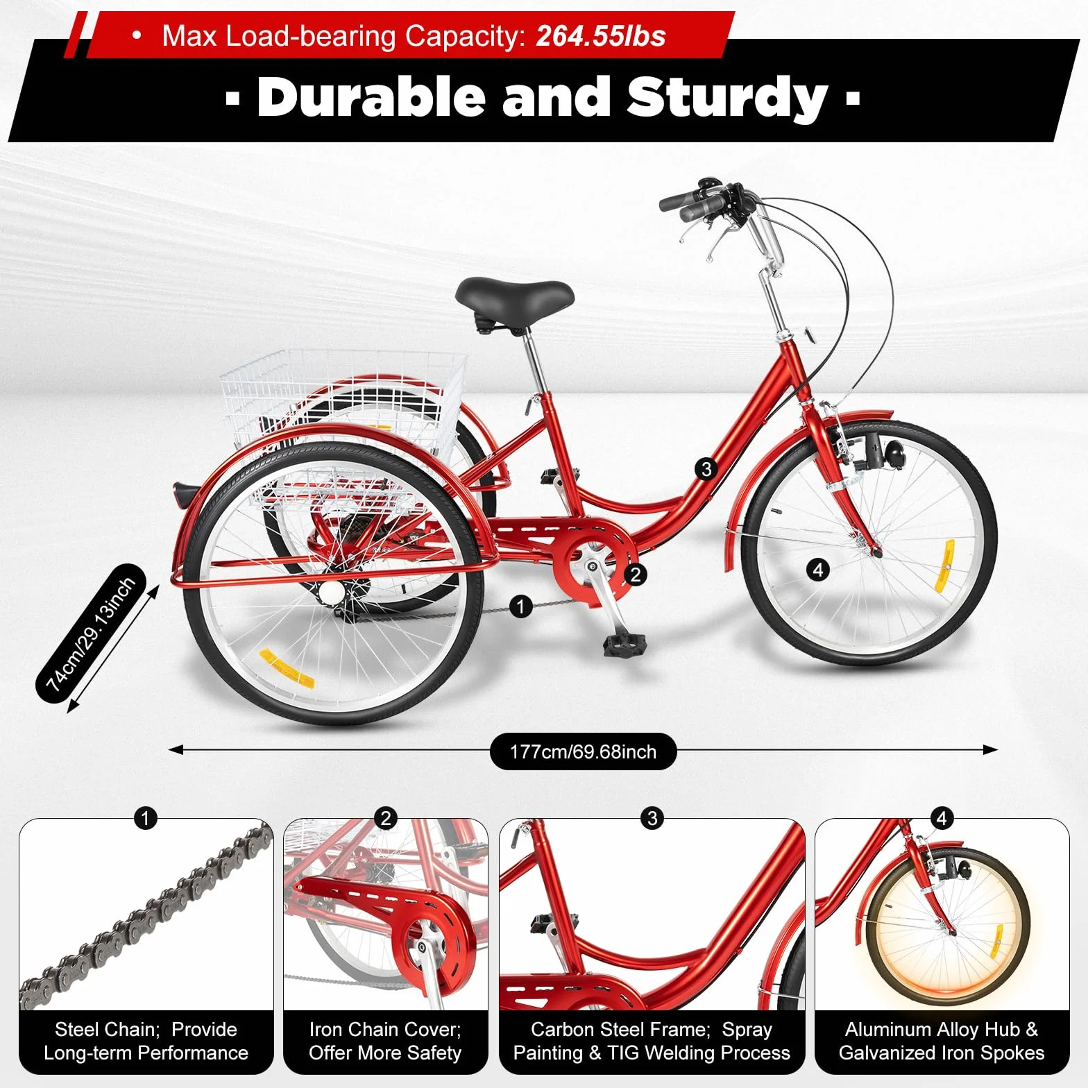 Triciclo para adultos, 20 pulgadas, 6 velocidades, 3 ruedas, con cesta de la compra, bicicleta para adultos, hasta 120 kg, triciclo de altura regulable, bicicleta de crucero para personas