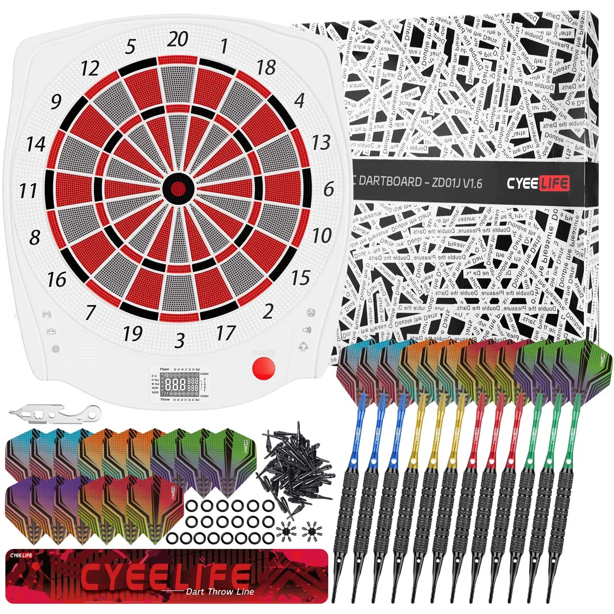 CyeeLife Diana electrónica Profesional con Dart Throw Line, 34 Juegos y 355 variaciones, Diana Profesional para baterías/Adaptador para 1 a 8 Jugadores con 12 Dardos - No Data Cable ！