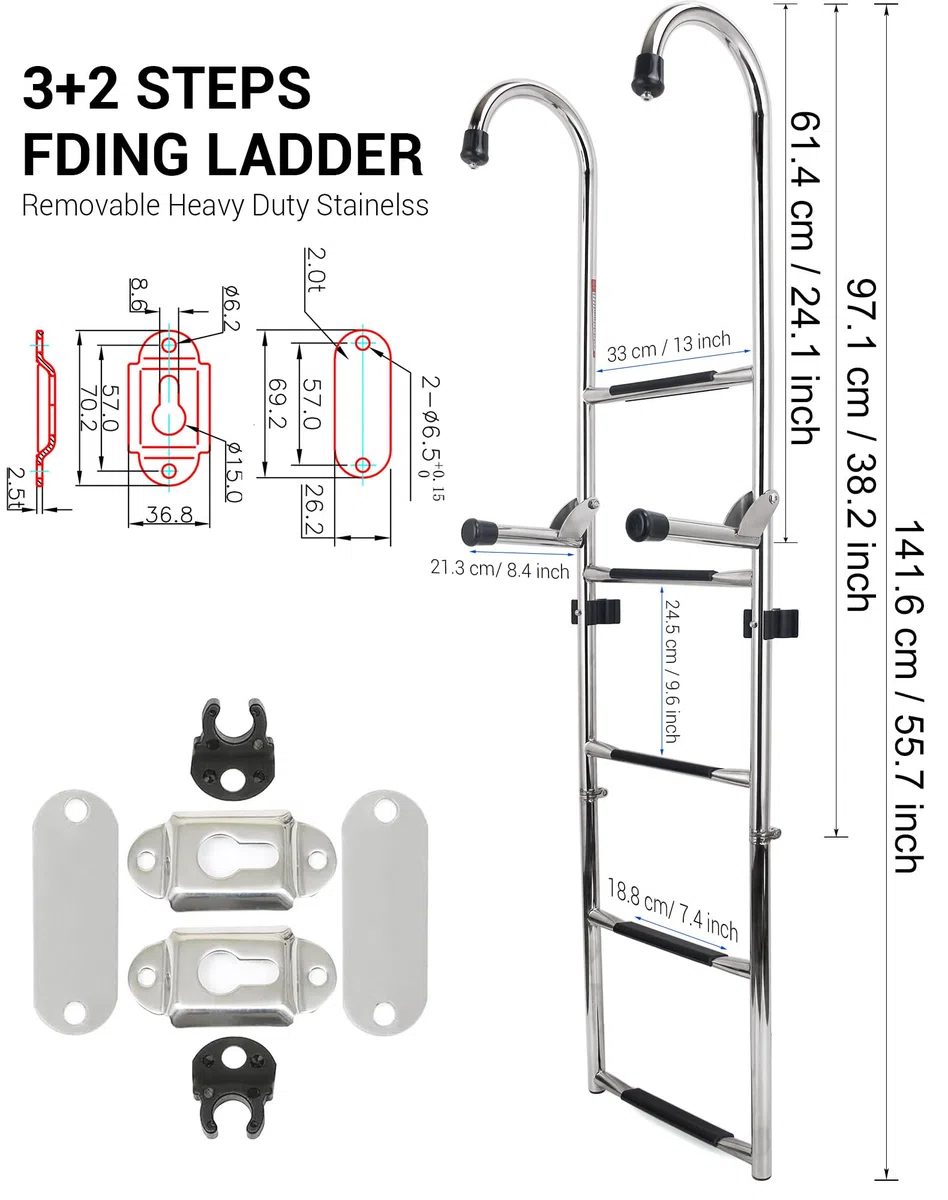 Escalera plegable de acero inoxidable de 5 escalones, escalera de barco resistente con escalones antideslizantes para pontón, muelle, piscina y RV