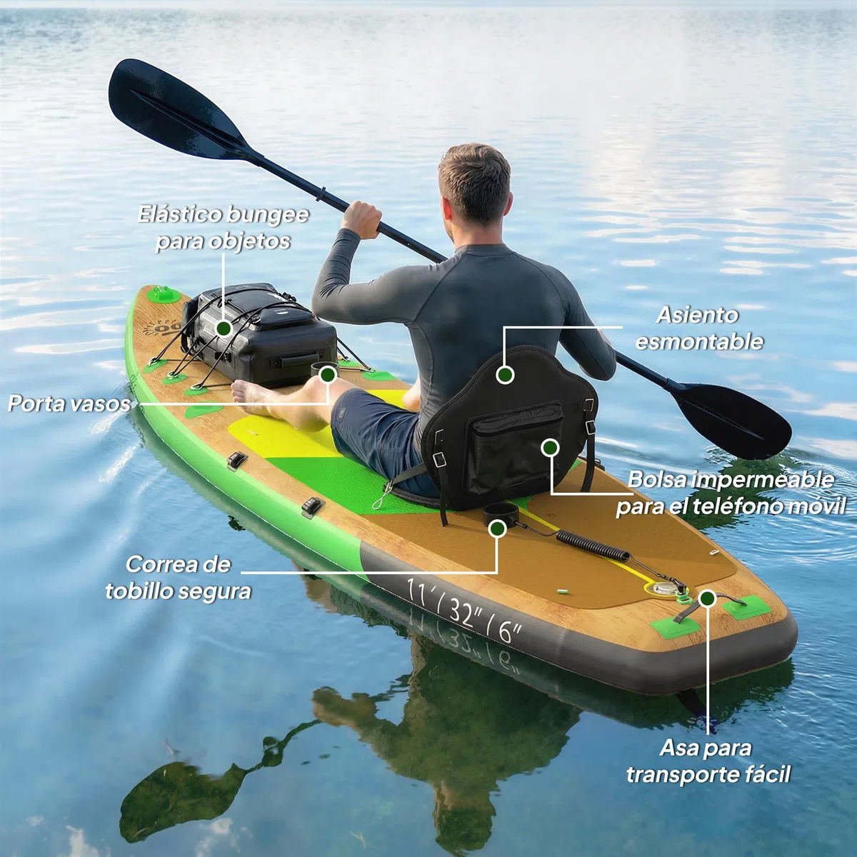 Outsunny Tabla Paddle Surf Hinchable con Accesorios, 335 cm, Remo Convertible, Asiento, Aletas, Stand Up Paddle Board con Superficie Antideslizante, Bomba, Mochila y Funda, Carga 180 kg, para Adultos