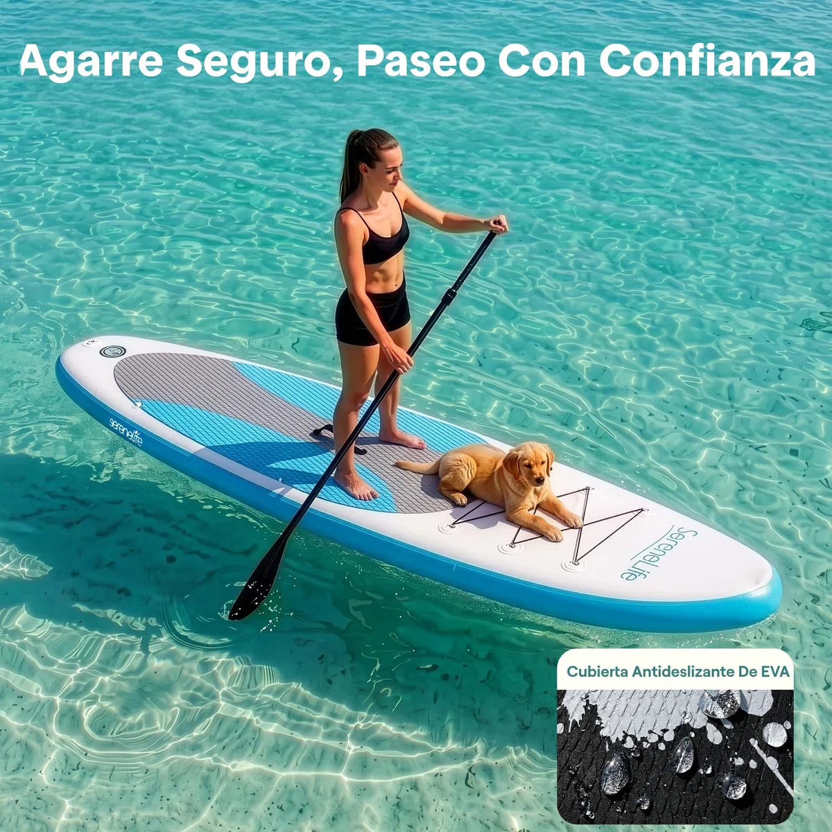 SereneLife Tabla Paddle Surf Hinchable, Diseño Ancho y Estable, con Almohadilla EVA Antideslizante, Incluye Accesorios Premium para Sup, Ideal para Jovenes y Adultos