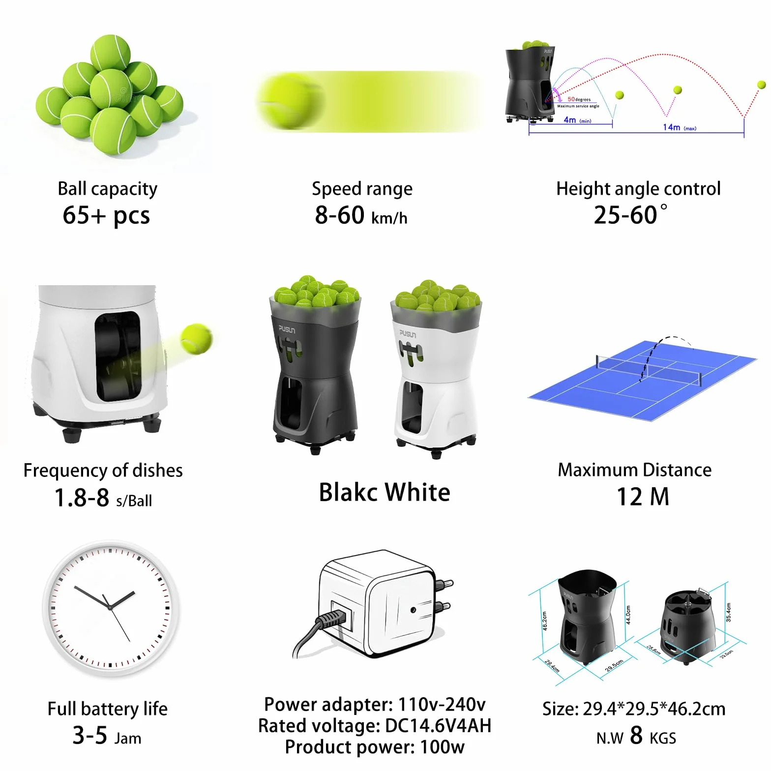 PUSUN PT Mini Pro - Máquina de pelotas de tenis - Entrenador inteligente portátil para principiantes, capacidad de pelota de más de 65 años, duración de la batería de 3-5 horas, velocidad y ángulo de
