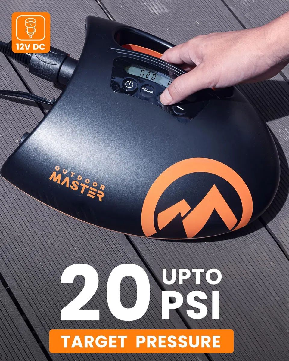 OutdoorMaster The Shark Bomba Sup de Alta presión - Bomba de Aire eléctrica con Sistema de enfriamiento Activo de 20 PSI Inflación Inteligente de Dos etapas y Apagado automático para Tablas de Remo