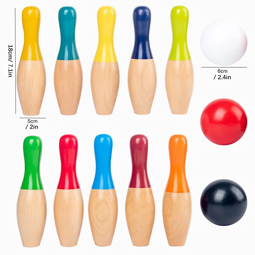 Juego de Bolos de Madera para Niños y Adultos, para Interiores y Exteriores, con 10 Bolos 3 Bolas, Juego de Patio de de Madera Portátil para el Desarrollo de Habilidades Motoras Entrenamiento