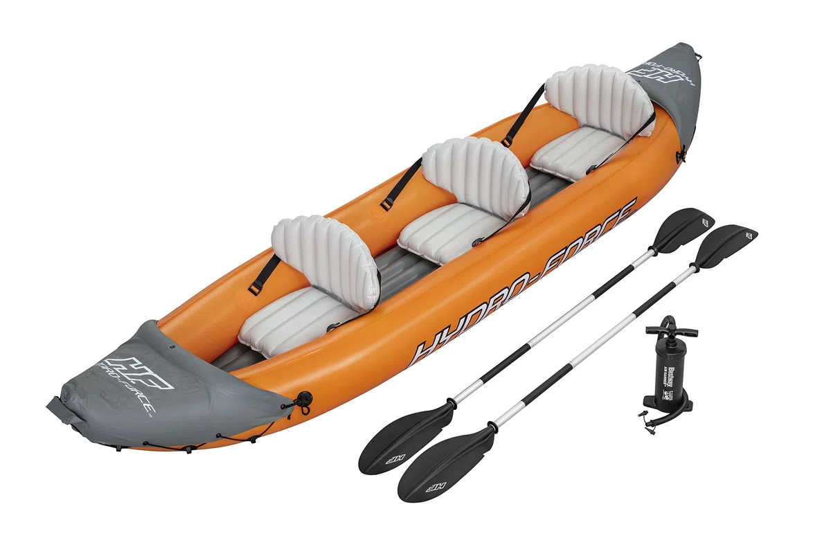 Bestway Kayak Hydro-Force Rapid X3 | Juego de Barco Inflable con Bomba de Mano, paletas, Asientos, Aletas y Bolsa de Almacenamiento | Tres plazas