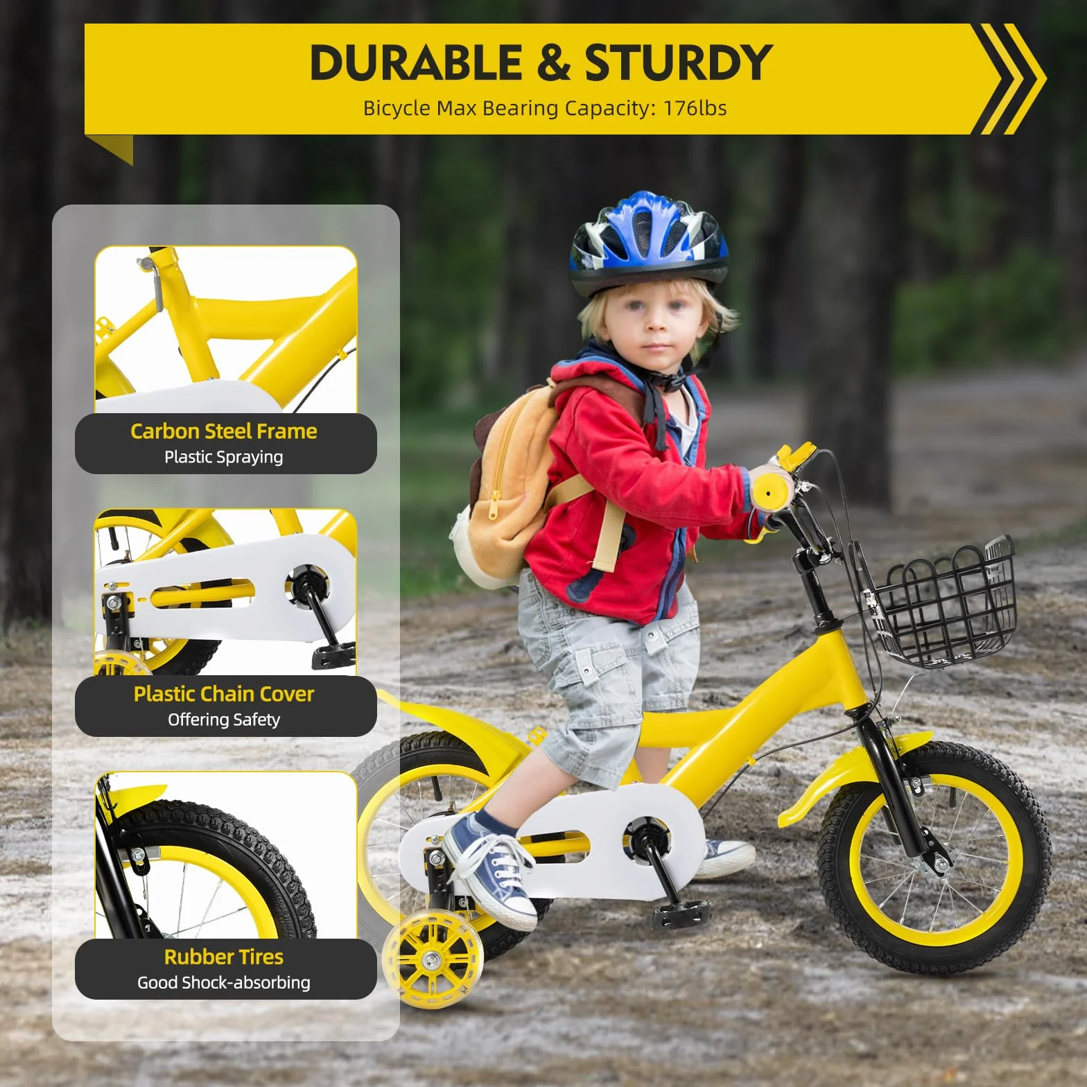 Bicicleta infantil de 12 pulgadas con ruedas estabilizadoras, bicicleta amarilla para niños y niñas a partir de 3 – 6 años, altura regulable, doble freno, marco de acero, con cesta y portaequipajes
