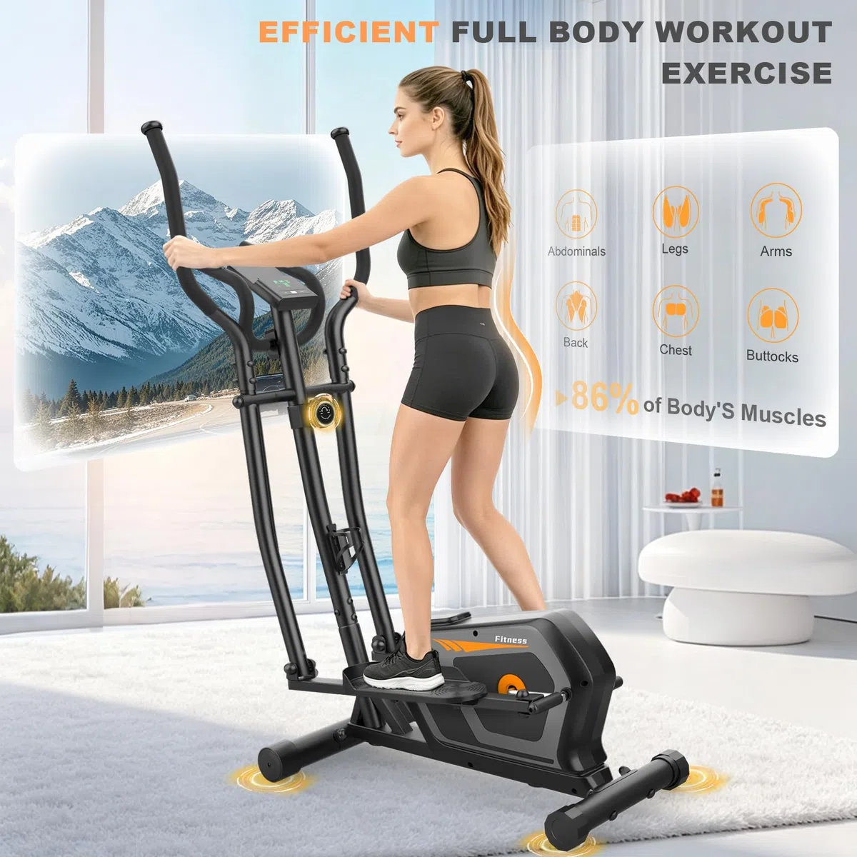 Bicicleta Elíptica para Casa Silenciosa con 16 Niveles de Resistencia, Sensor de Pulso, Monitor LCD y Soporte para Dispositivos, Bluetooth y App, Elíptica ultrasilenciosa para Uso doméstico