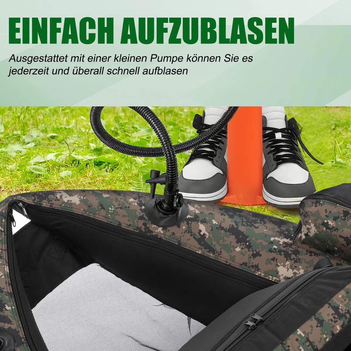 LEADZM Camuflaje - Barco inflable con bomba, barco de pesca con soporte para caña de pescar, correas ajustables, bolsa de almacenamiento, capacidad de carga 150 kg