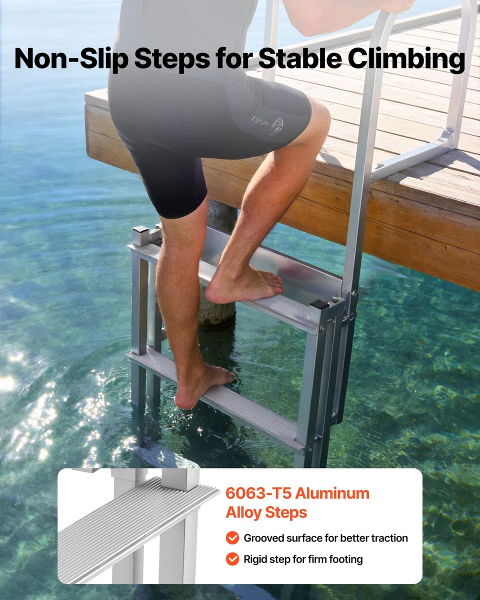 VEVOR Escalera de Muelle Capacidad de 227 kg con 5 Peldaños Antideslizantes, Pasamanos, Escalera Retráctil de Aluminio con Elevación Automática para Piscina Plataforma de Natación Pontón Lago Barco