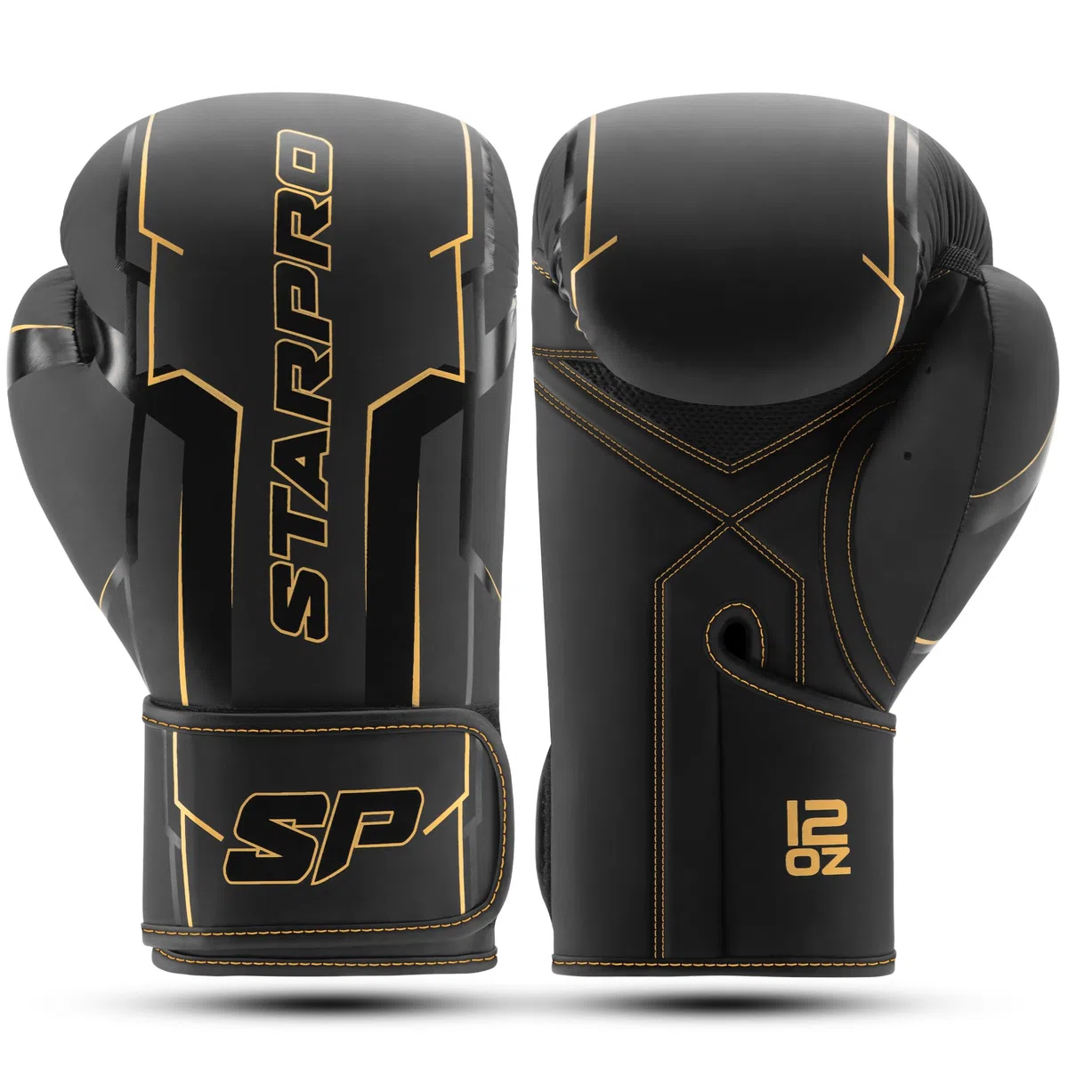 Starpro Guantes de Boxeo Premium Negros | Cuero PU | Ajuste ergonómico, Espuma de Alta Densidad, Soporte para la muñeca, Ideales para Entrenamiento y Combate