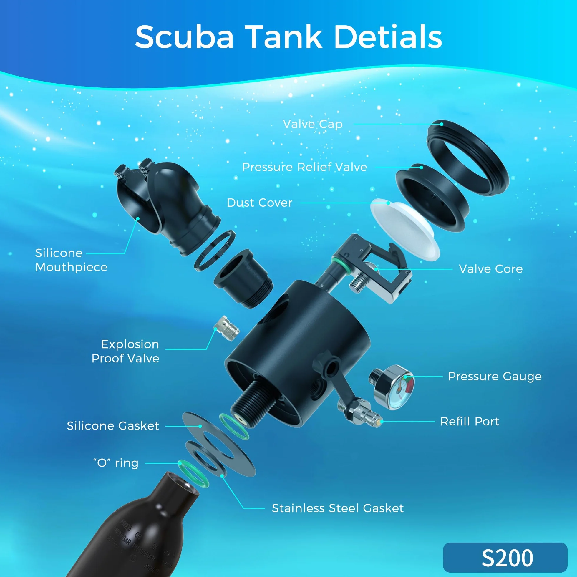Tanque de Buceo TUDIVING de 0.5L, Tanque de pulmón con compresor, Mini Cilindro de oxígeno con máscara Facial Completa para Trabajo subacuático(Green S200Plus A3+Air Compressor)