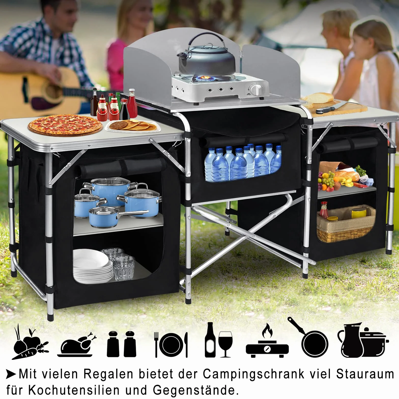 Cocina de Camping Armario de Camping Plegable con Estructura de Aluminio Compartimentos de Almacenamiento Cocina al Aire Libre, Incluye Bolsa de Transporte