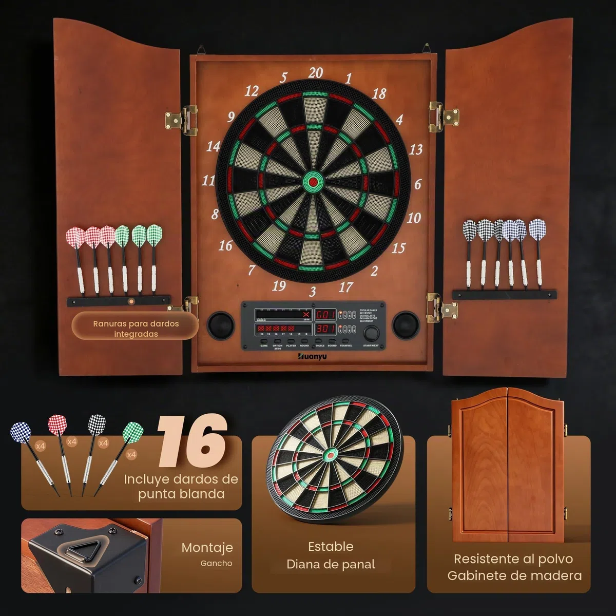 Huanyu Diana electrónica Juego de Diana LED con Armario para Adultos con 12 Dardos de Punta Blanda para hasta 8 Jugadores, 25 Juegos, Ideal para Salas de Juegos Familiares y Bares